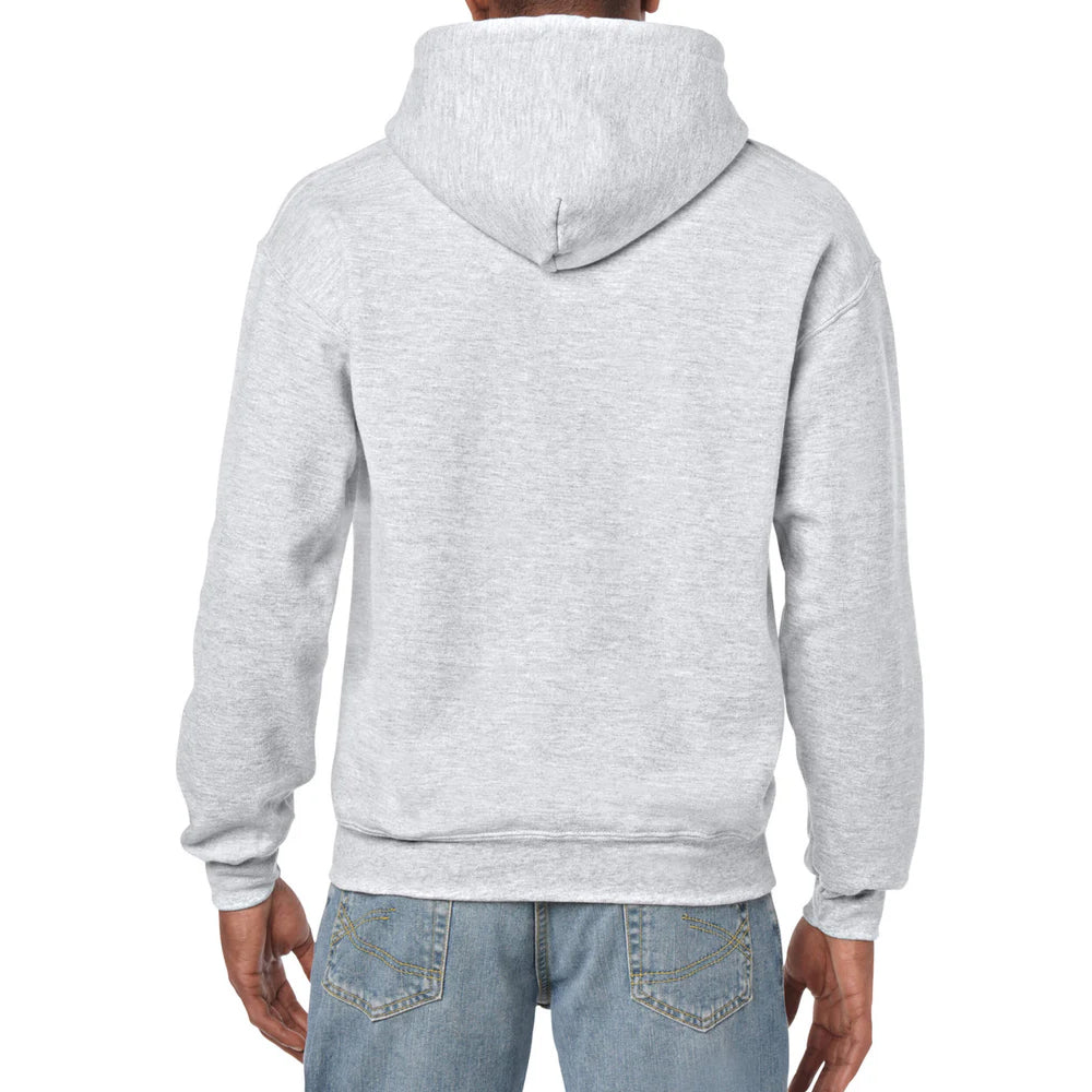 Gray hoodie worn by a person on a white background
