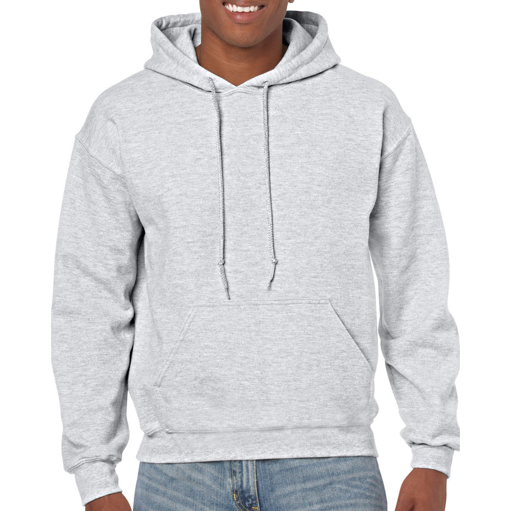 Gray hoodie worn by a person on a white background