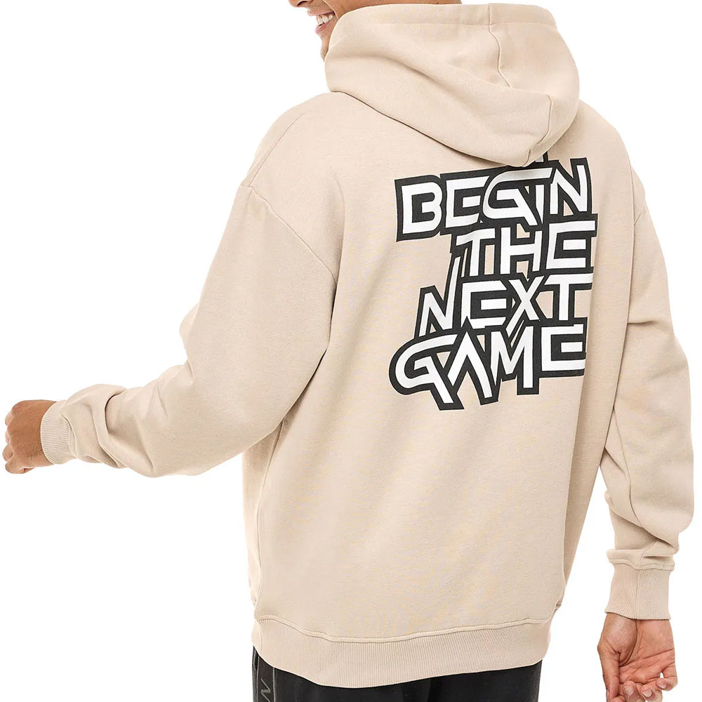 Beige hoodie with text on the back on a white background