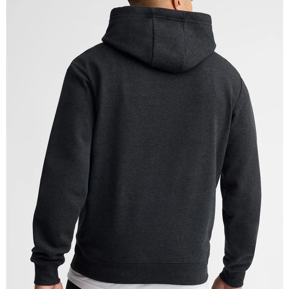Black hoodie worn by a person on a white background