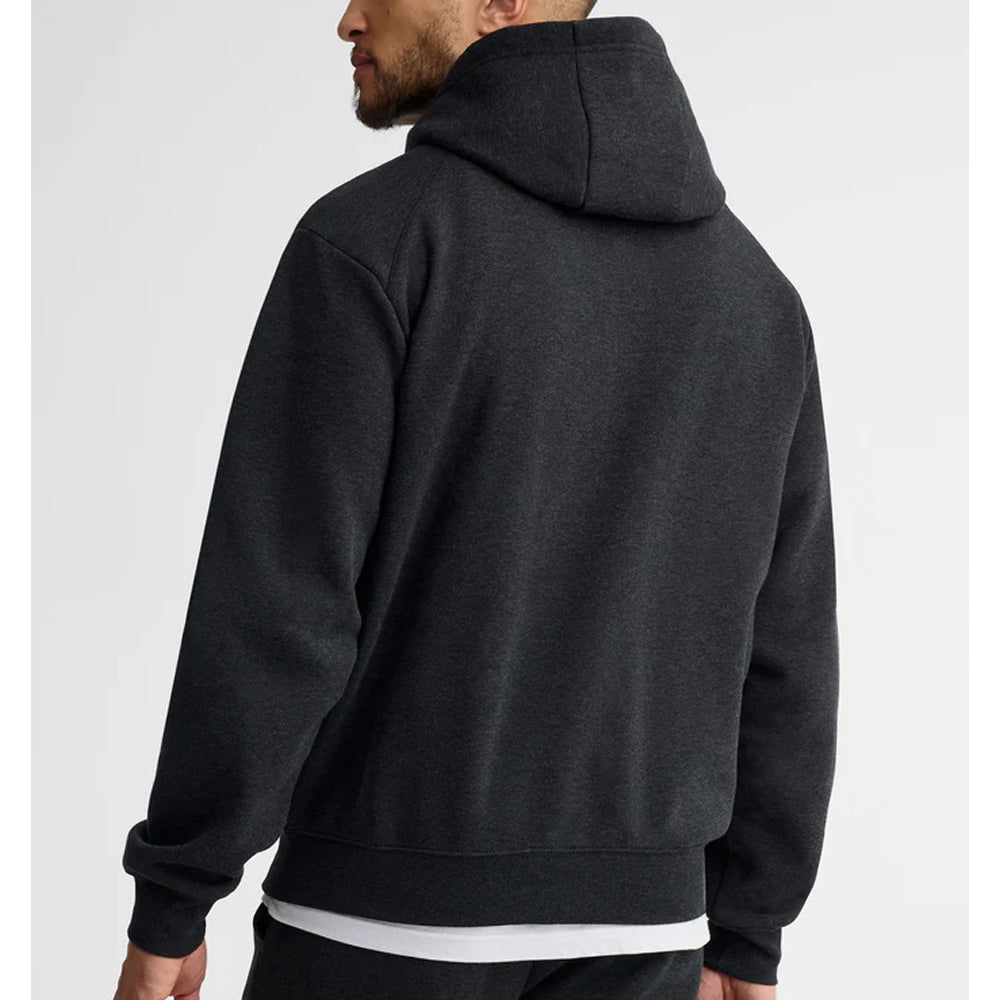 Person wearing a dark gray hoodie from behind on a light gray background