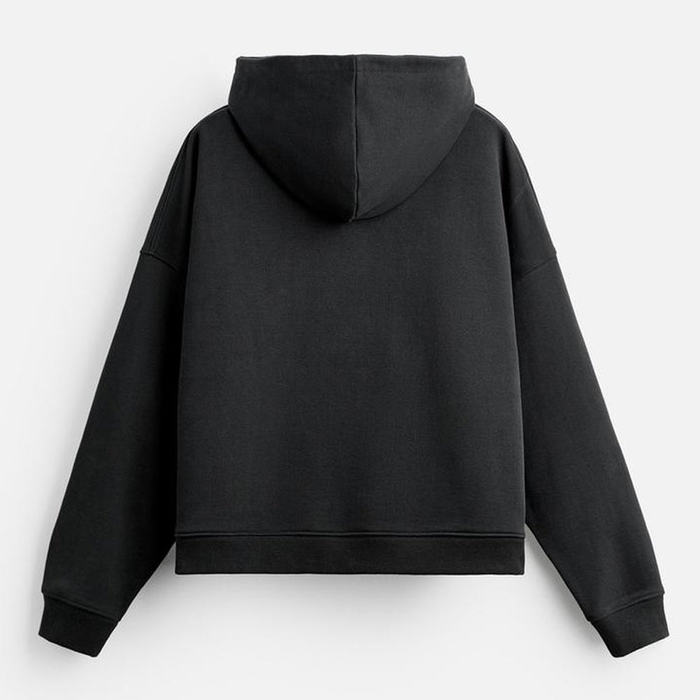 Black hoodie shown from the back on a light gray background