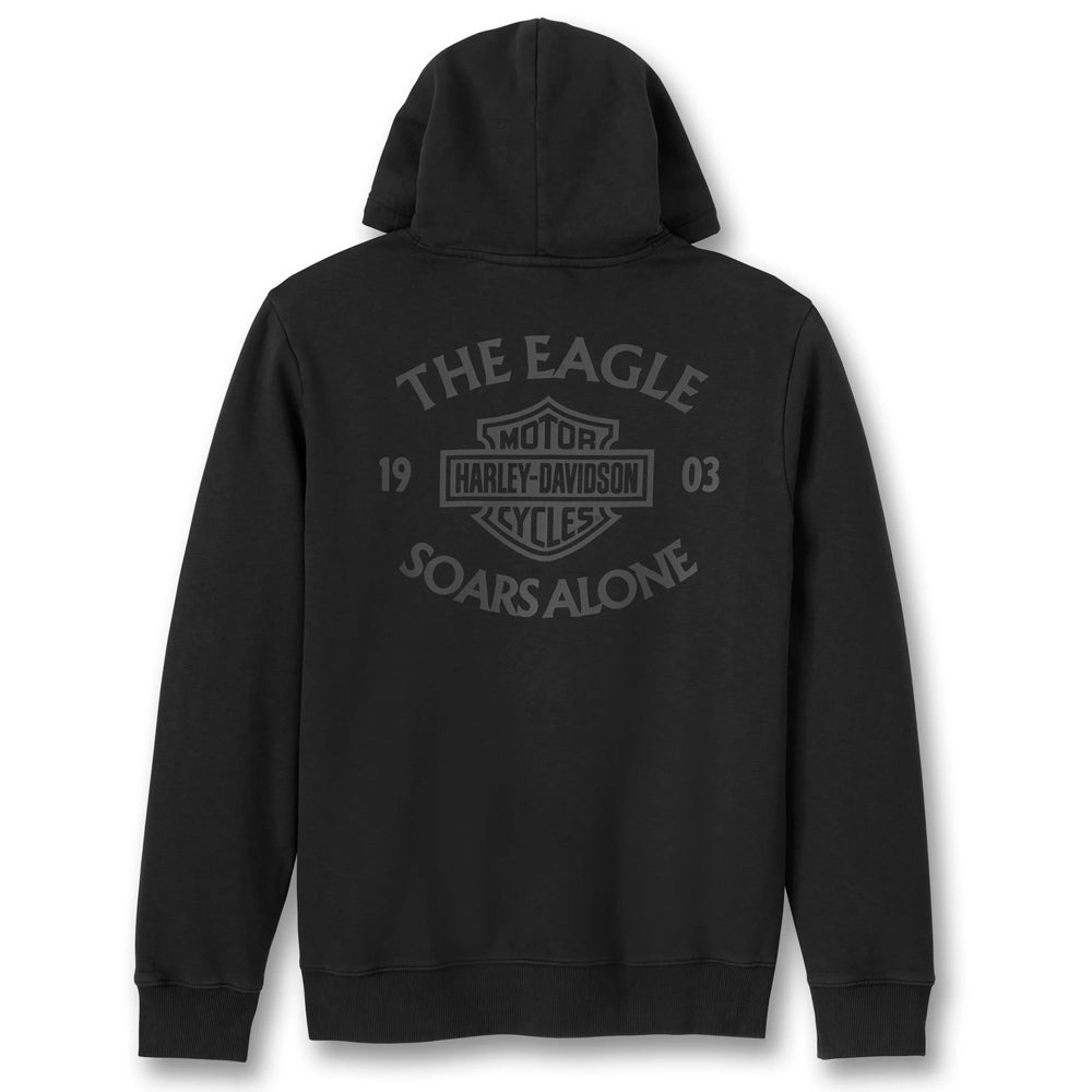 Black hoodie with Harley-Davidson logo and text on the back against a white background