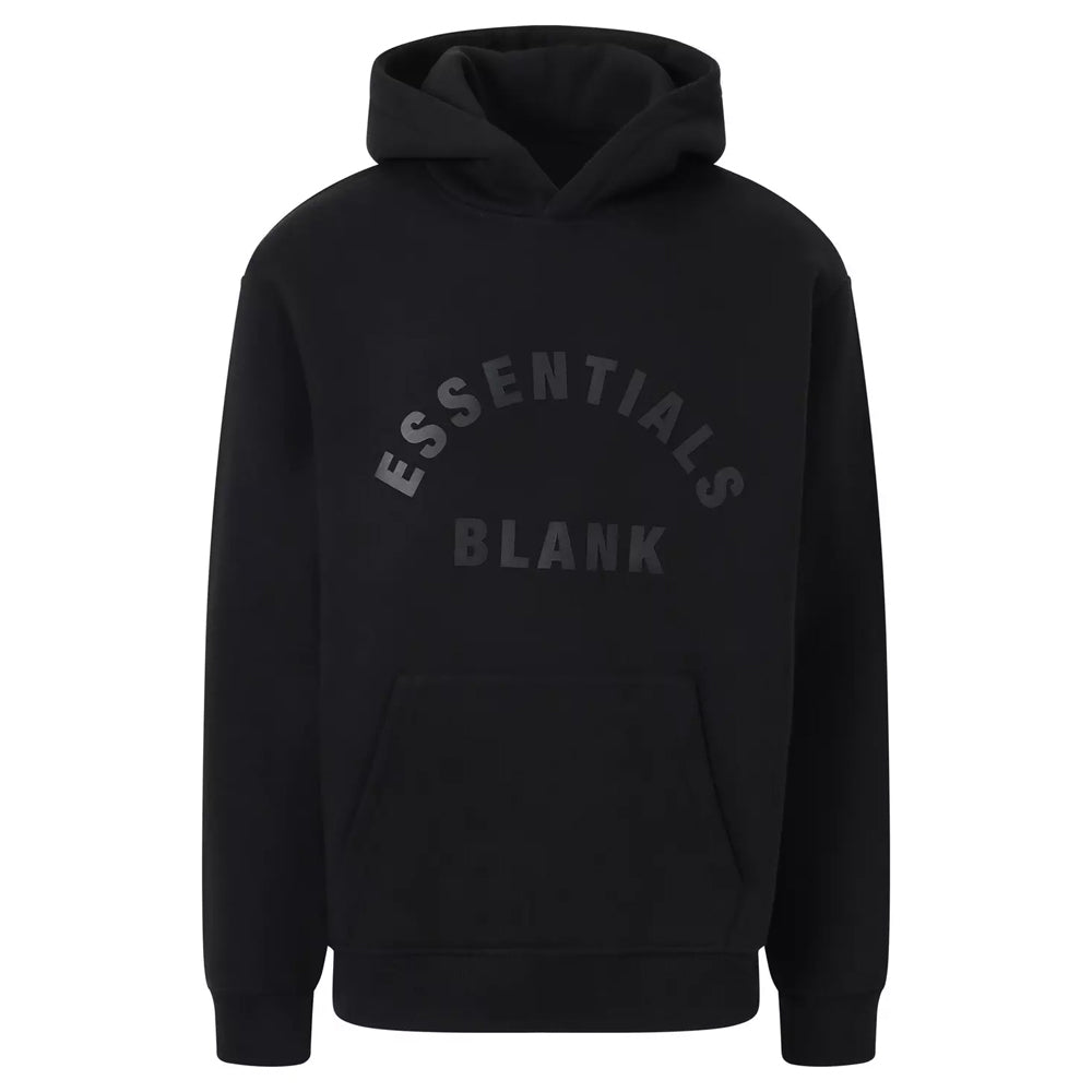 Black hoodie with 'ESSENTIALS BLANK' text on a white background