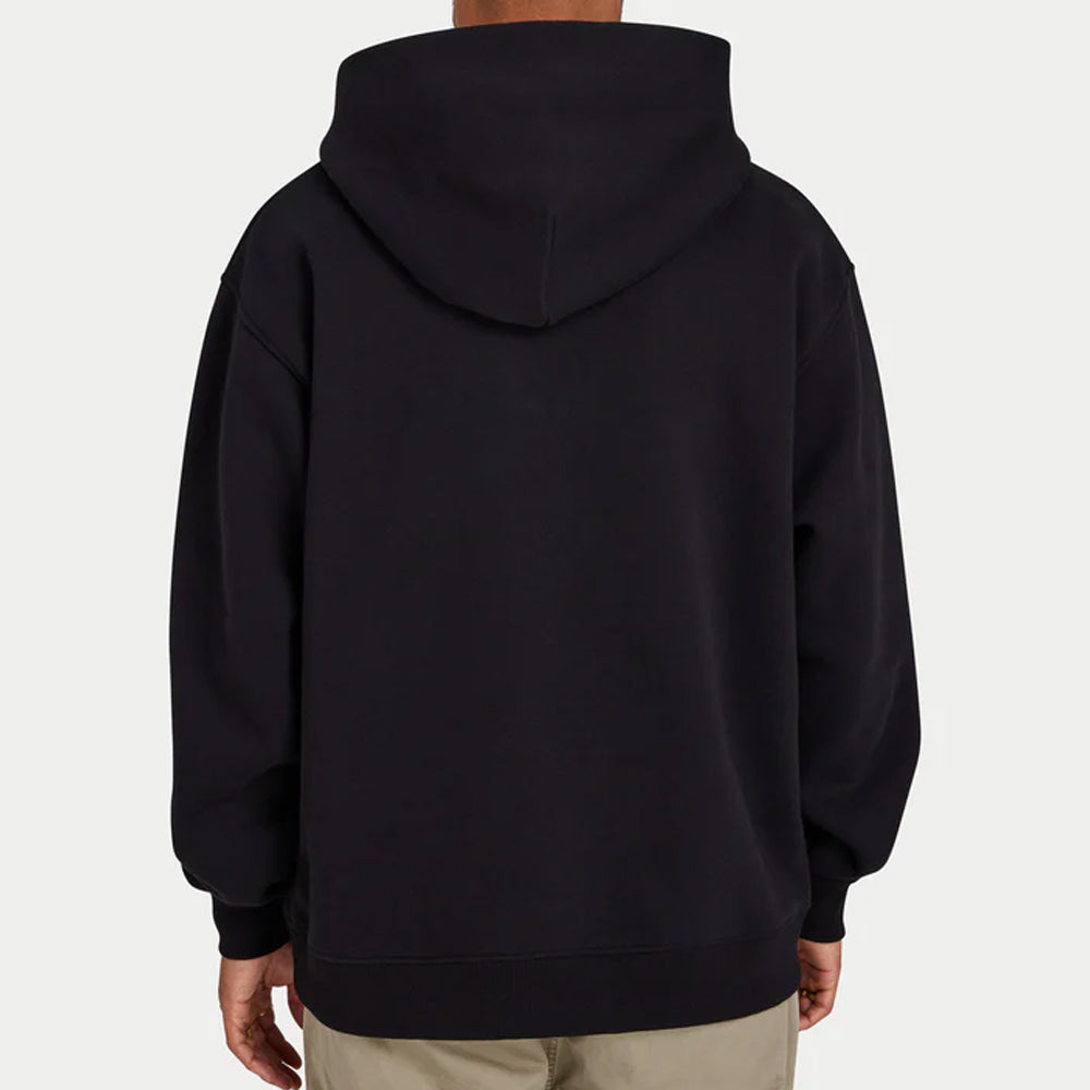 Black hoodie worn by a person on a light gray background