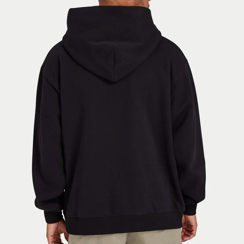 Black hoodie worn by a person on a white background