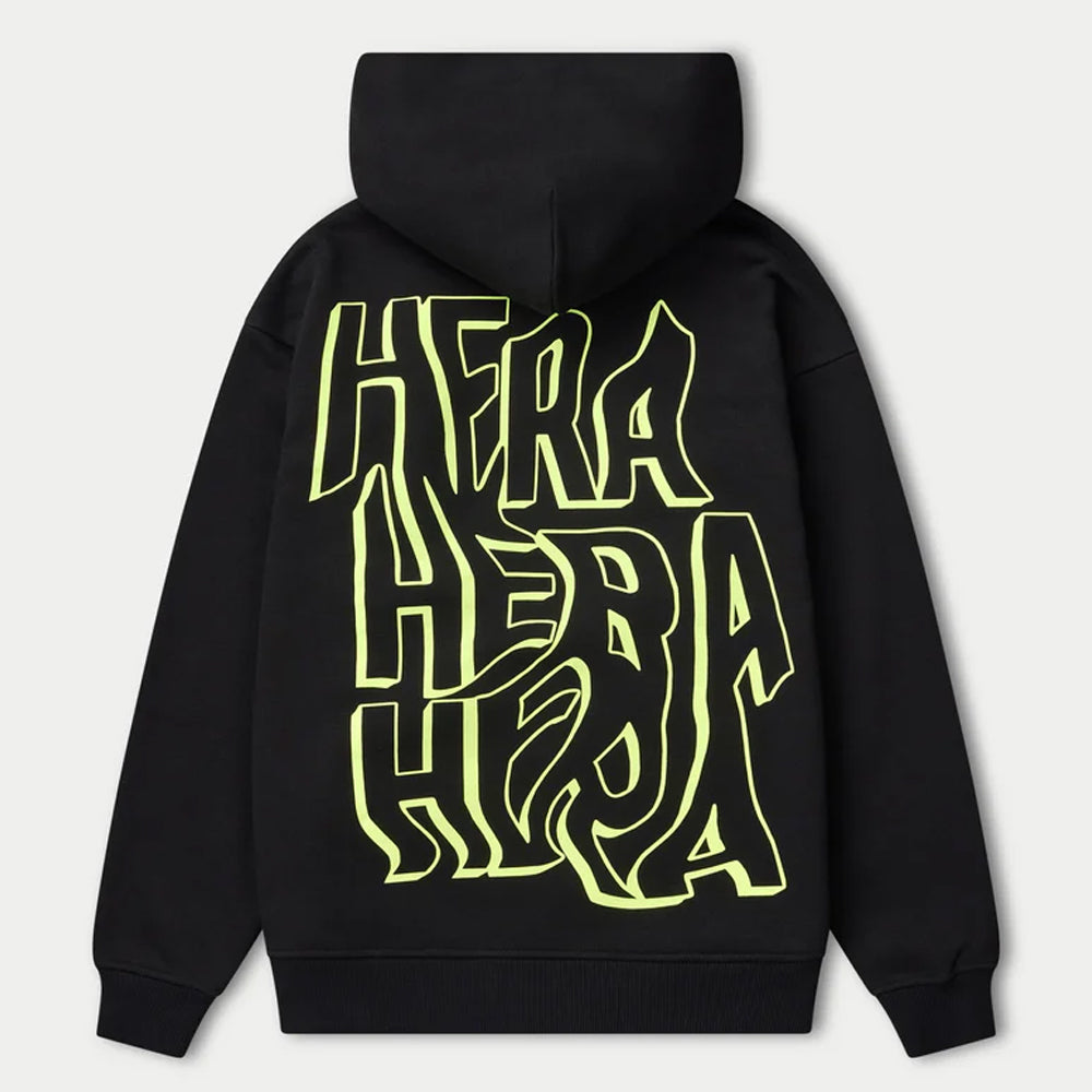 Black hoodie with yellow 'Hera' text on the back against a light gray background