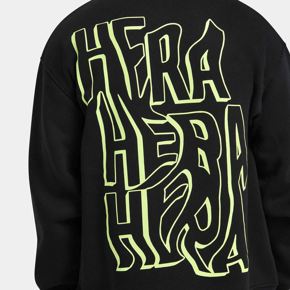 Black sweatshirt with 'HERA' printed in bright yellow on a white background