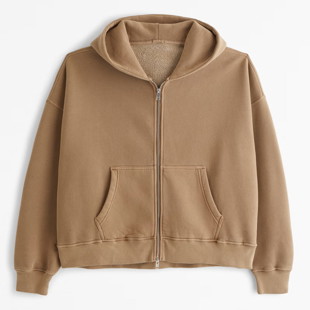 Brown hoodie with a zipper on a white background