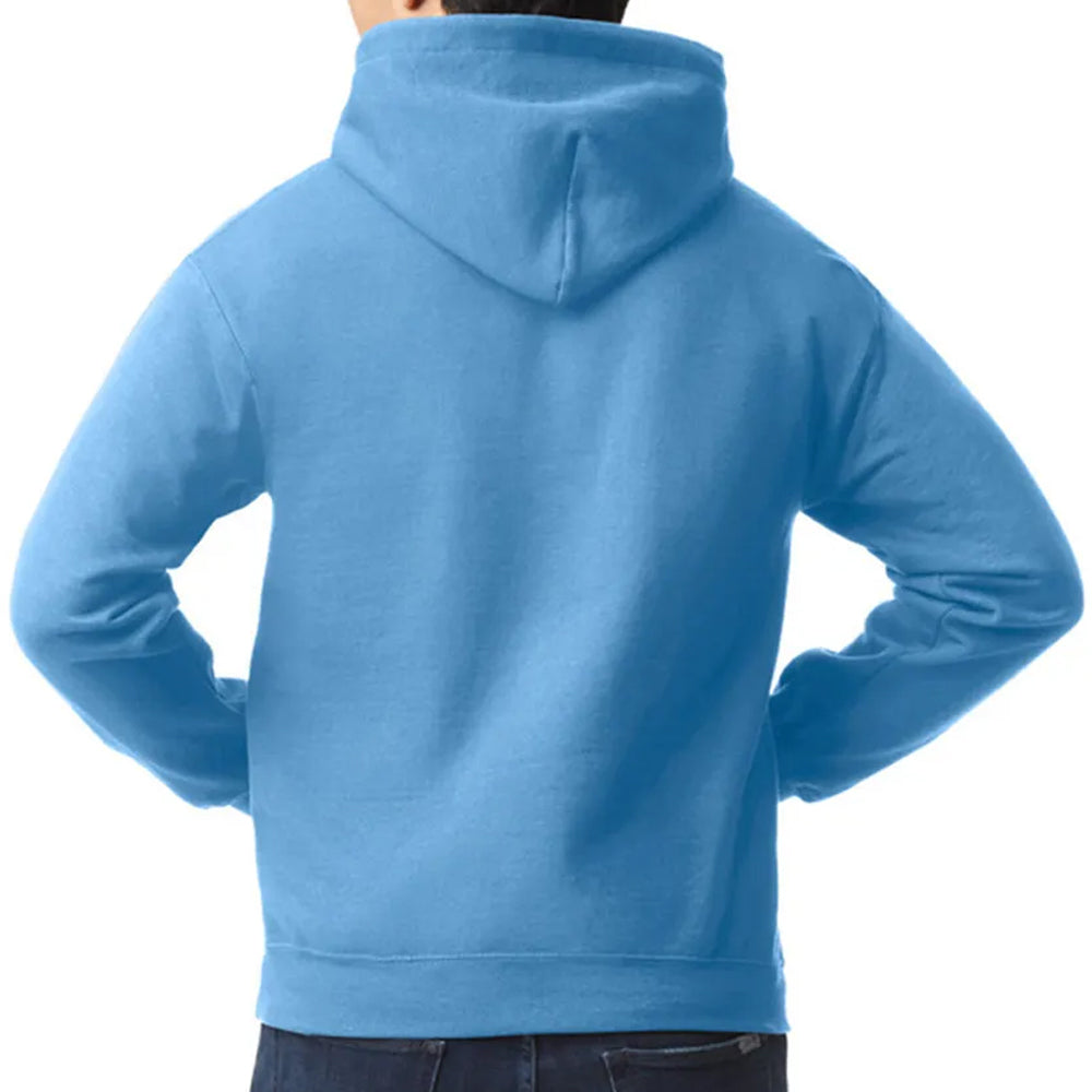 Blue hoodie worn by a person on a white background