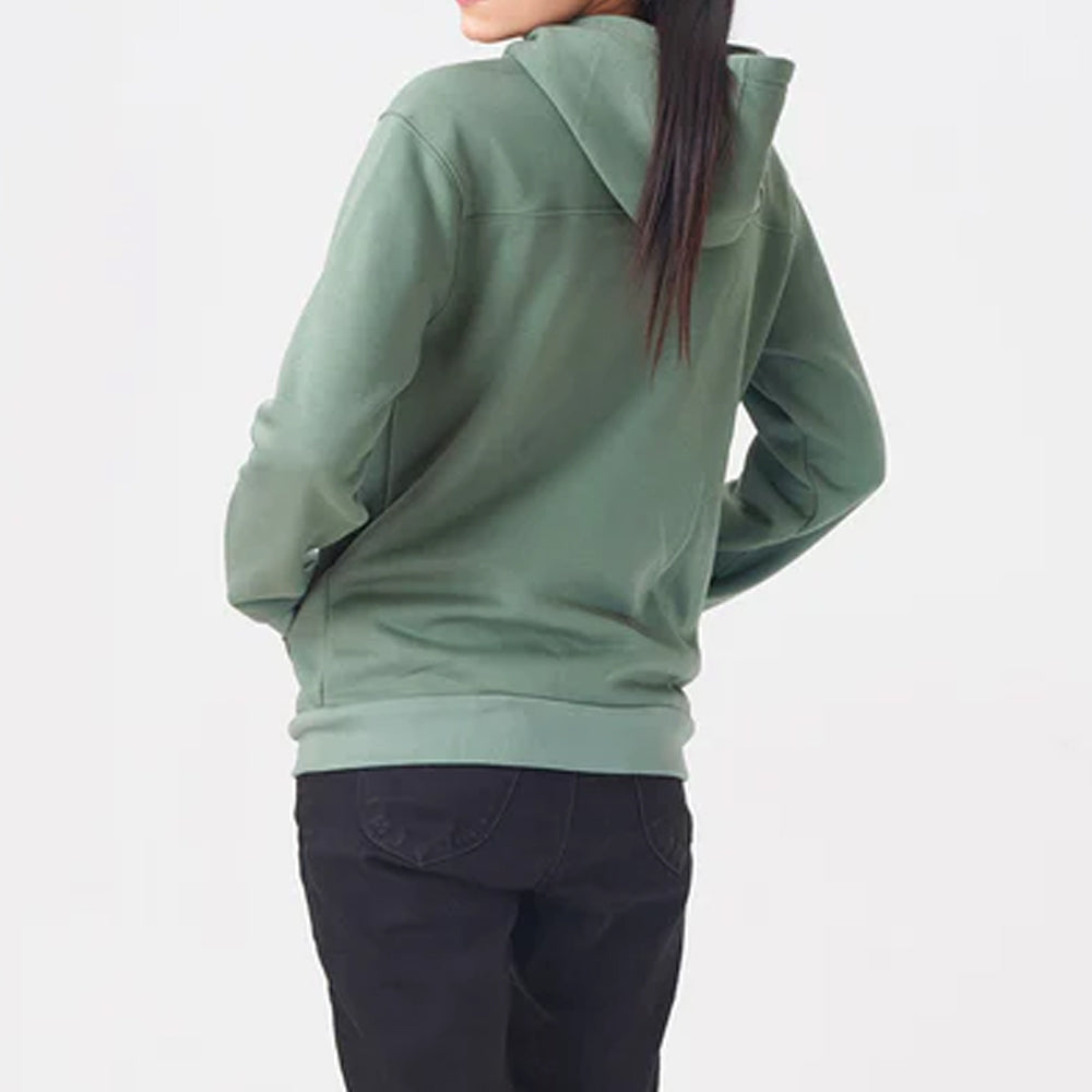 Person wearing a green hoodie on a white background