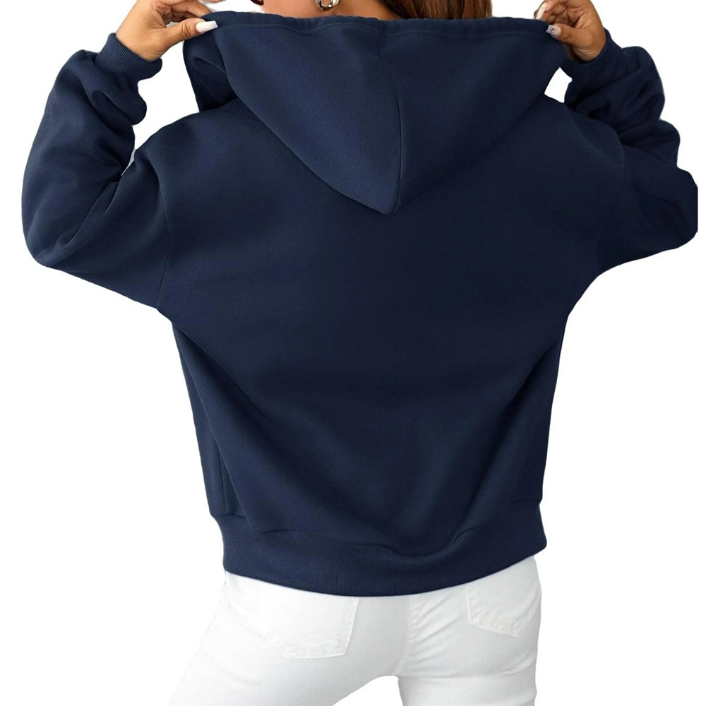 Navy blue hoodie worn by a person on a white background