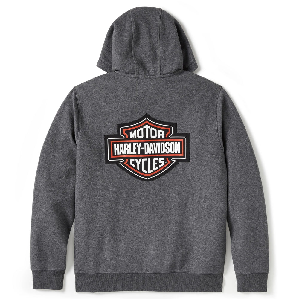 Gray hoodie with Harley-Davidson logo on the back against a white background