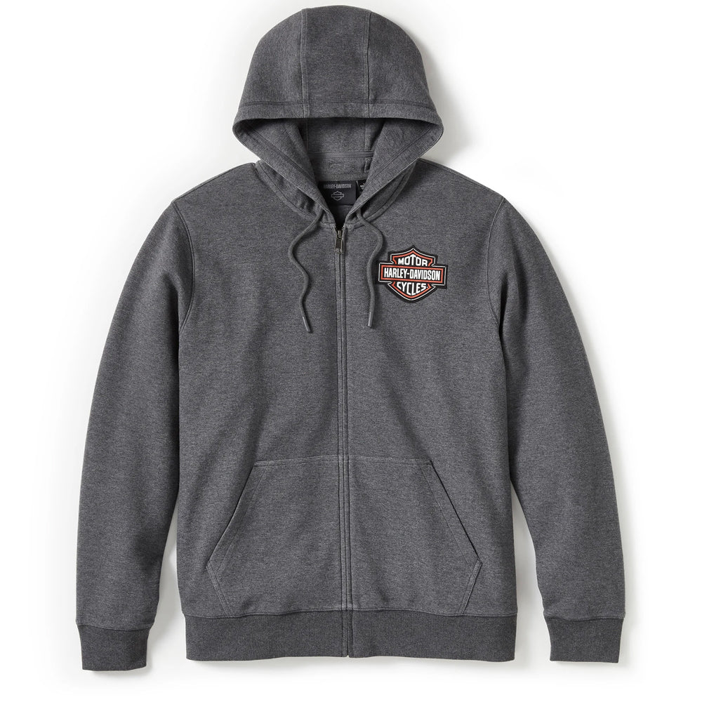 Gray hoodie with a logo on the chest against a white background