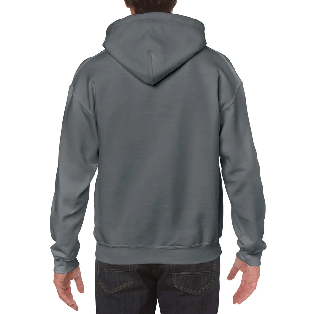 Gray hoodie worn by a person on a white background