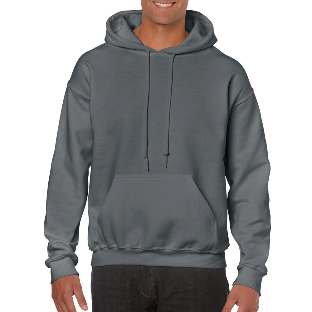 Gray hoodie worn by a person on a white background
