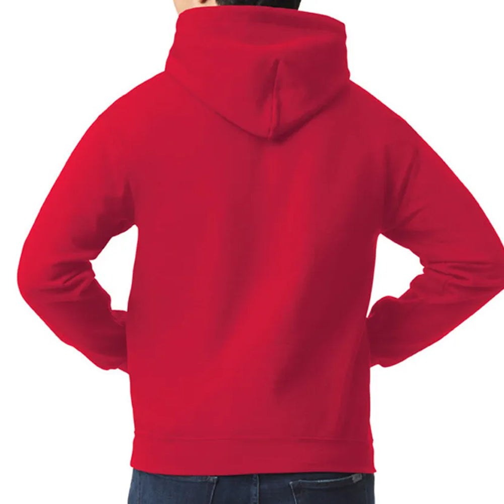 Red hoodie worn by a person on a white background