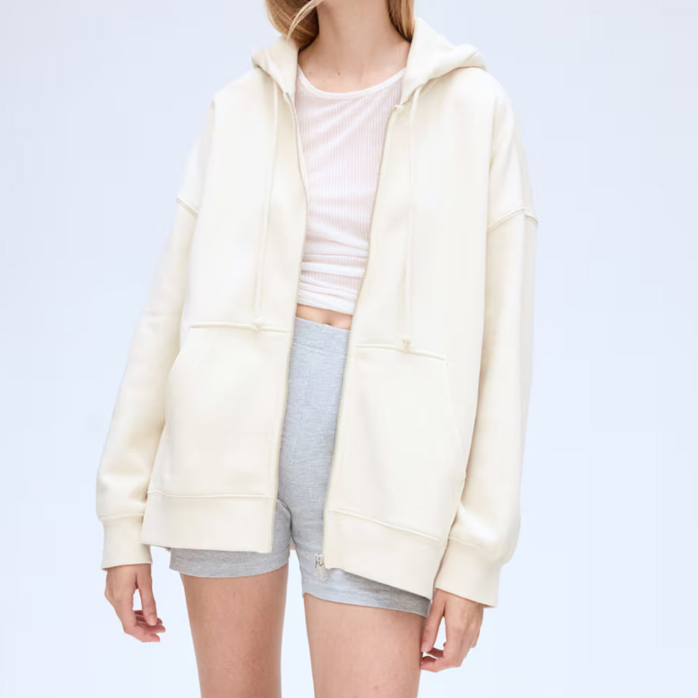 Women Light Beige Oversized Zip Up Hoodie