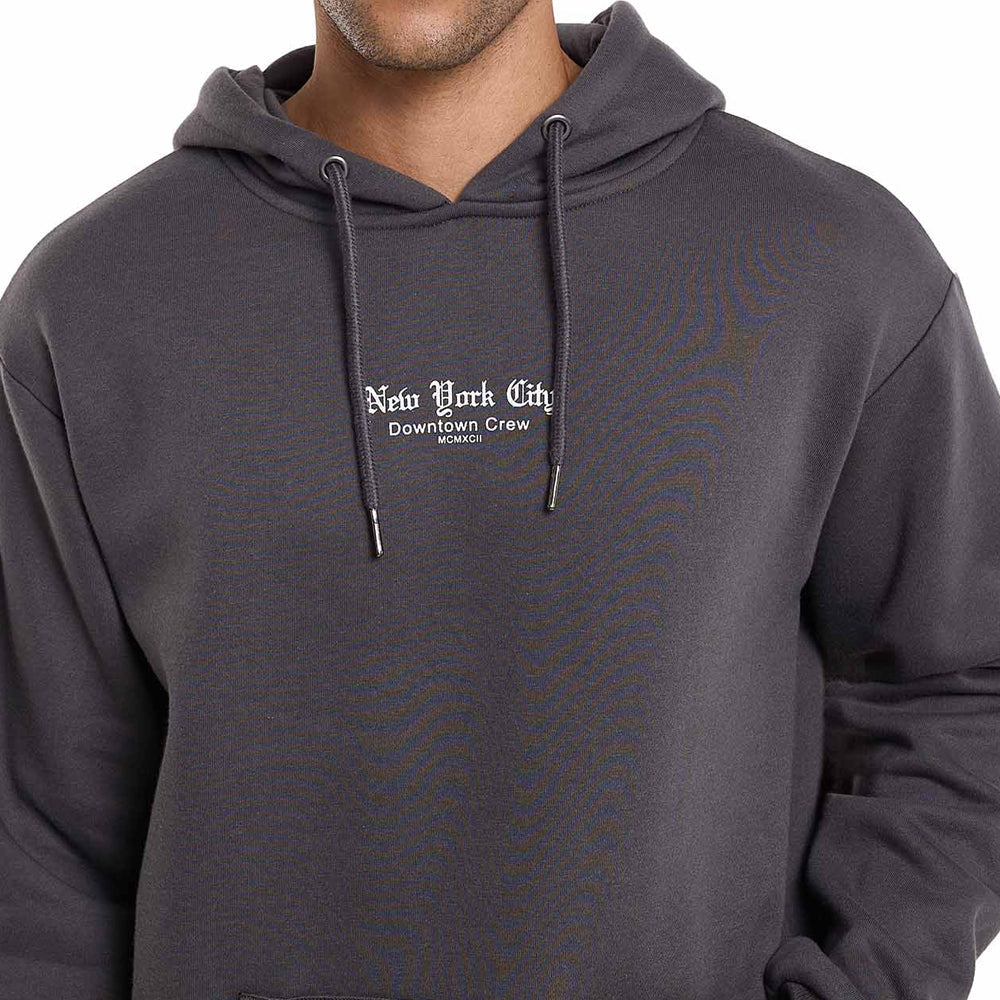 Dark gray hoodie with 'New York City Downtown Crew' text on the chest against a white background