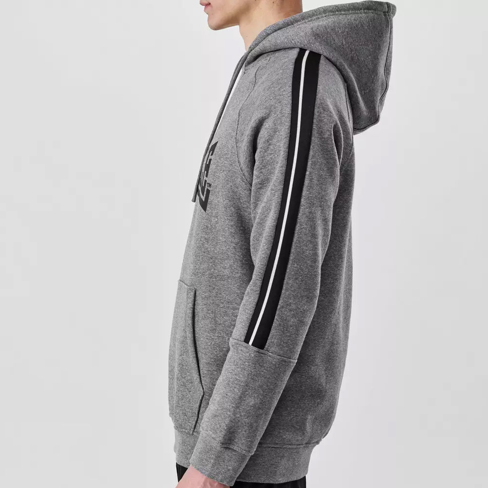 Gray hoodie with black stripes on sleeves against a white background