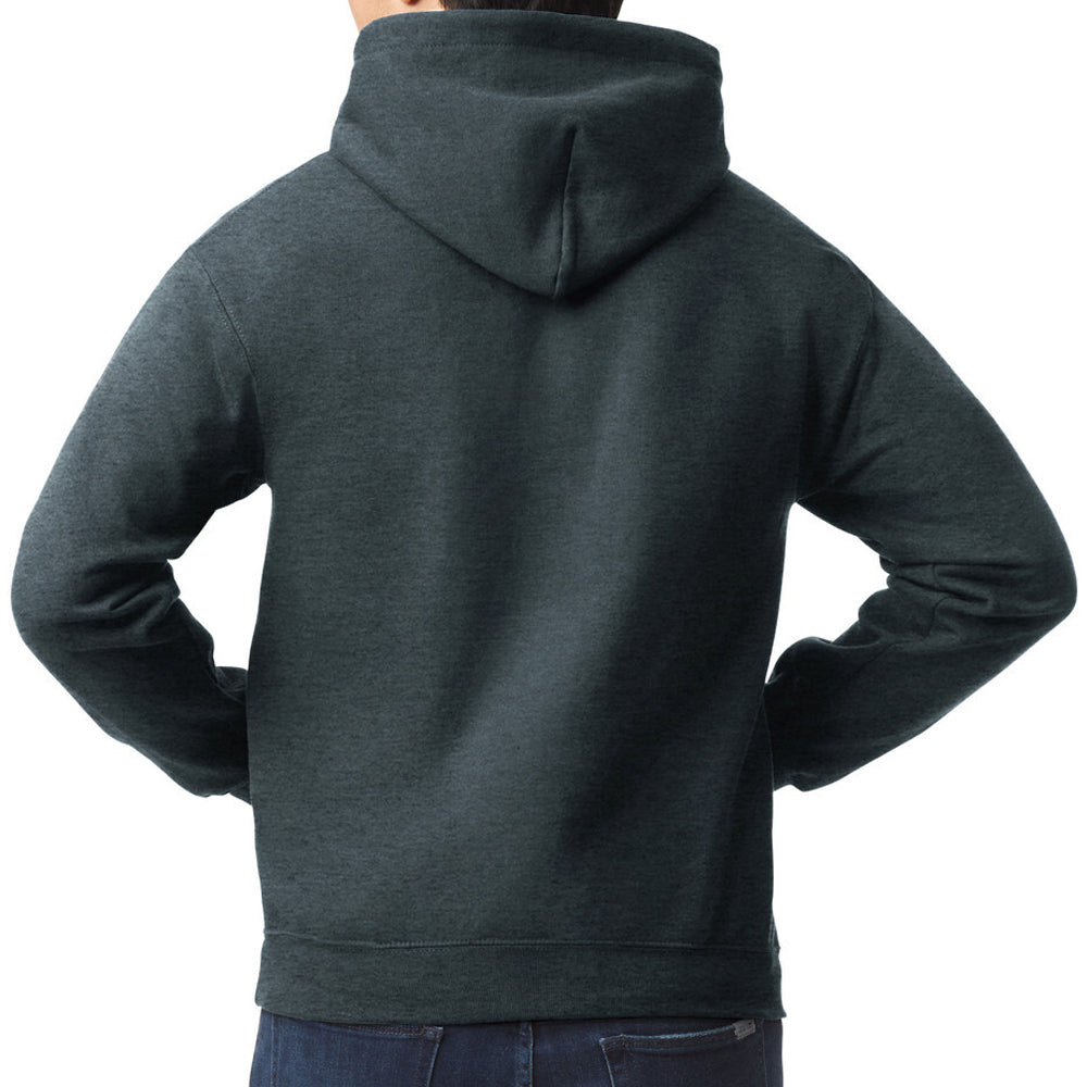 Person wearing a dark gray hoodie from behind on a white background