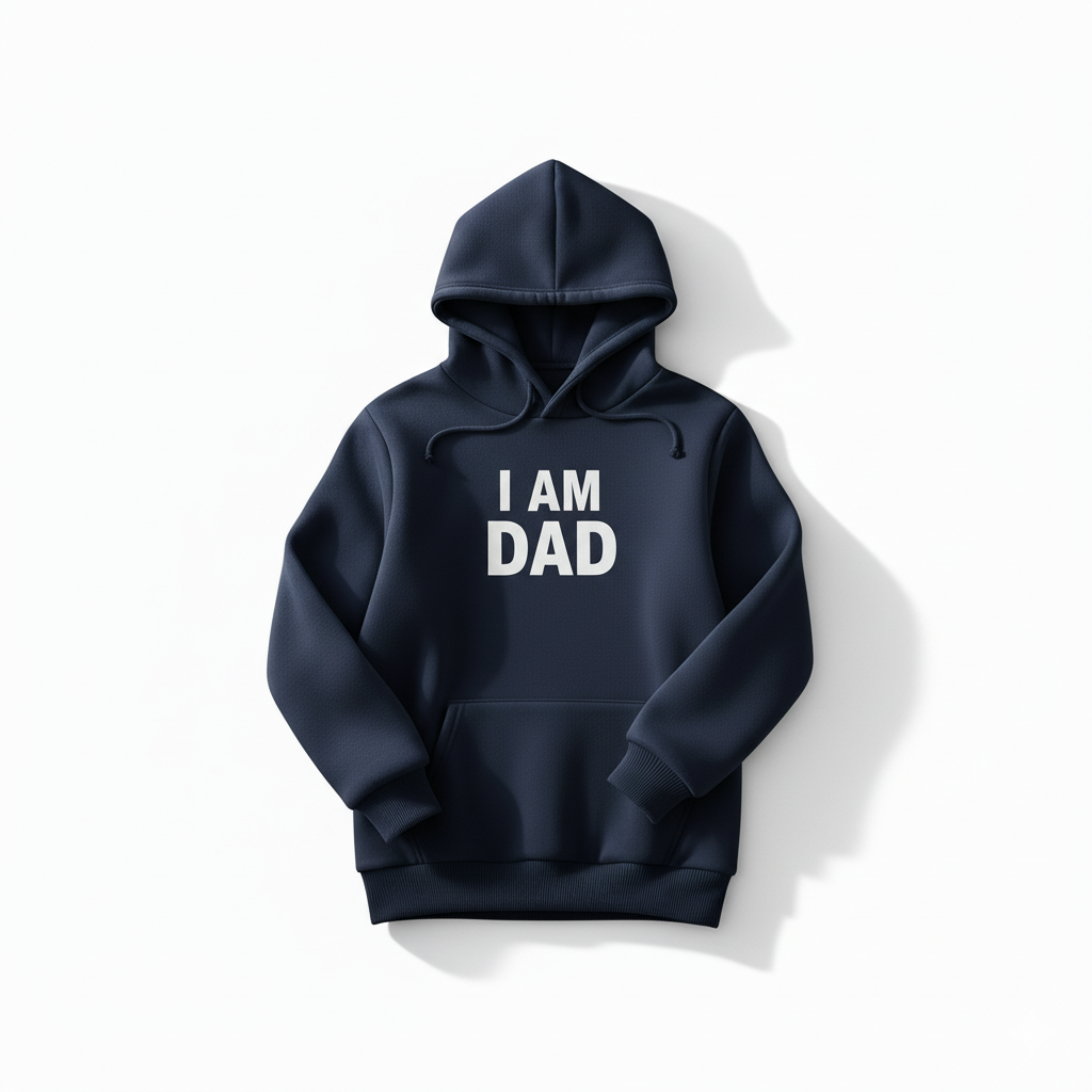 Navy blue hoodie with 'I AM DAD' text on a white background