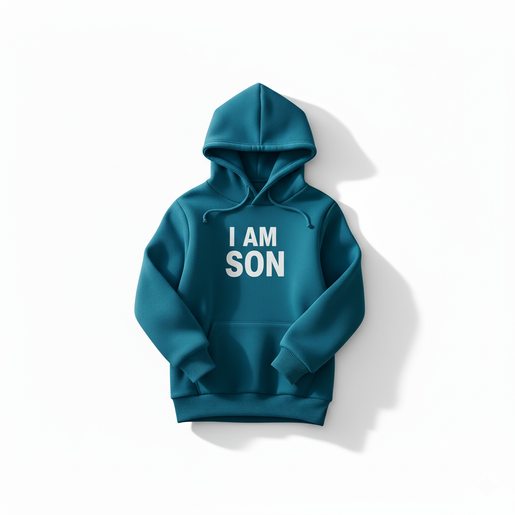 Blue hoodie with 'I AM SON' text on a white background