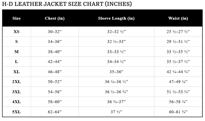 H-D Leather Jacket size chart in inches