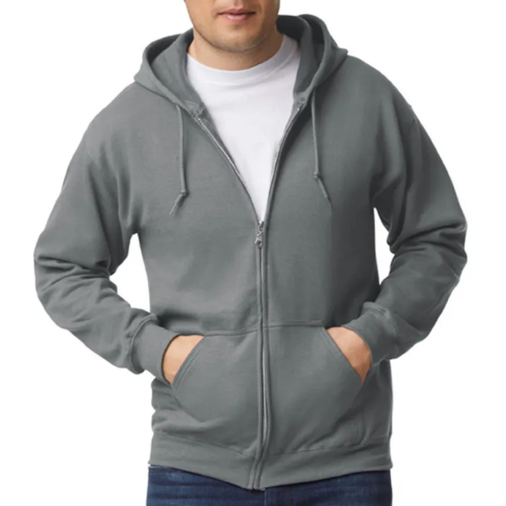 Person wearing a gray hoodie on a white background