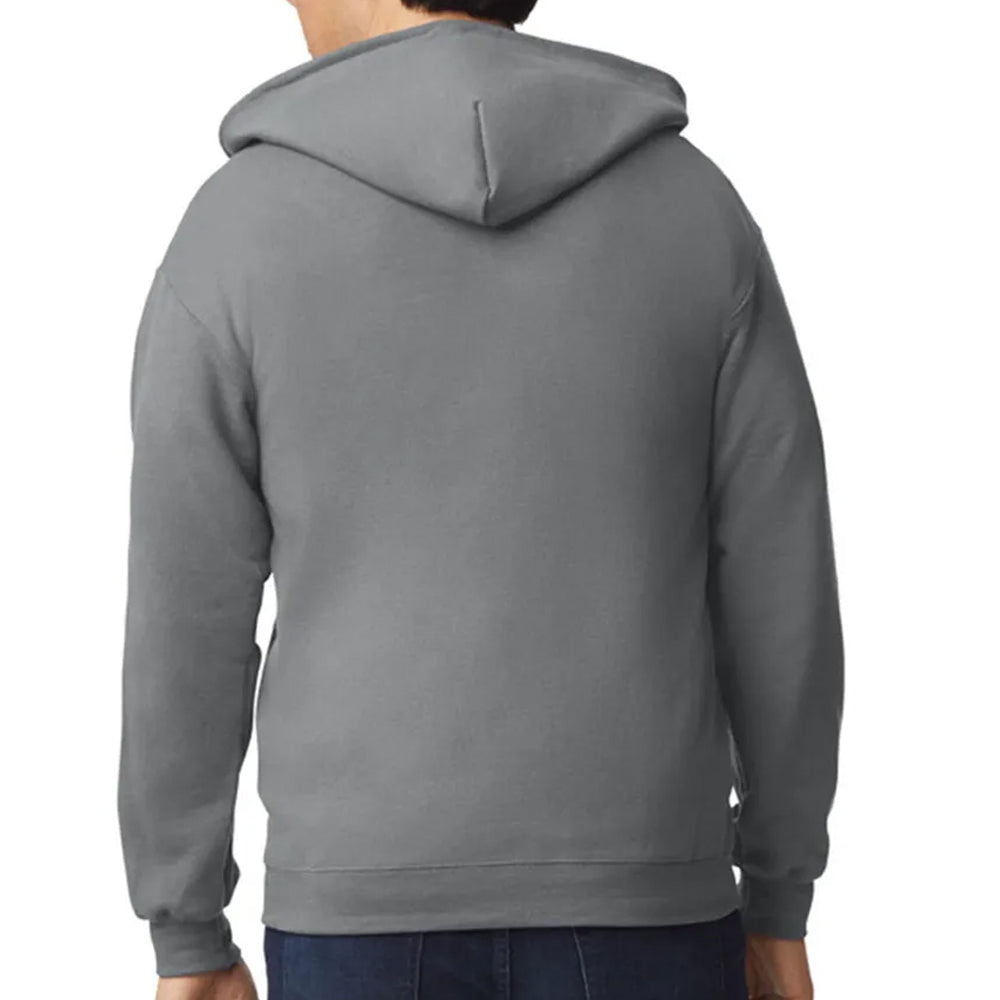 Gray hoodie worn by a person on a white background