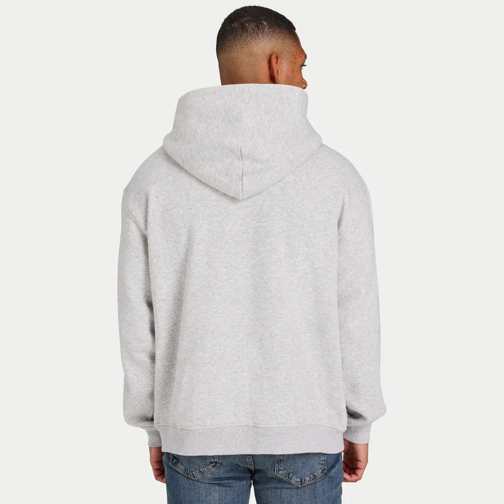 Person wearing a gray hoodie from behind on a white background