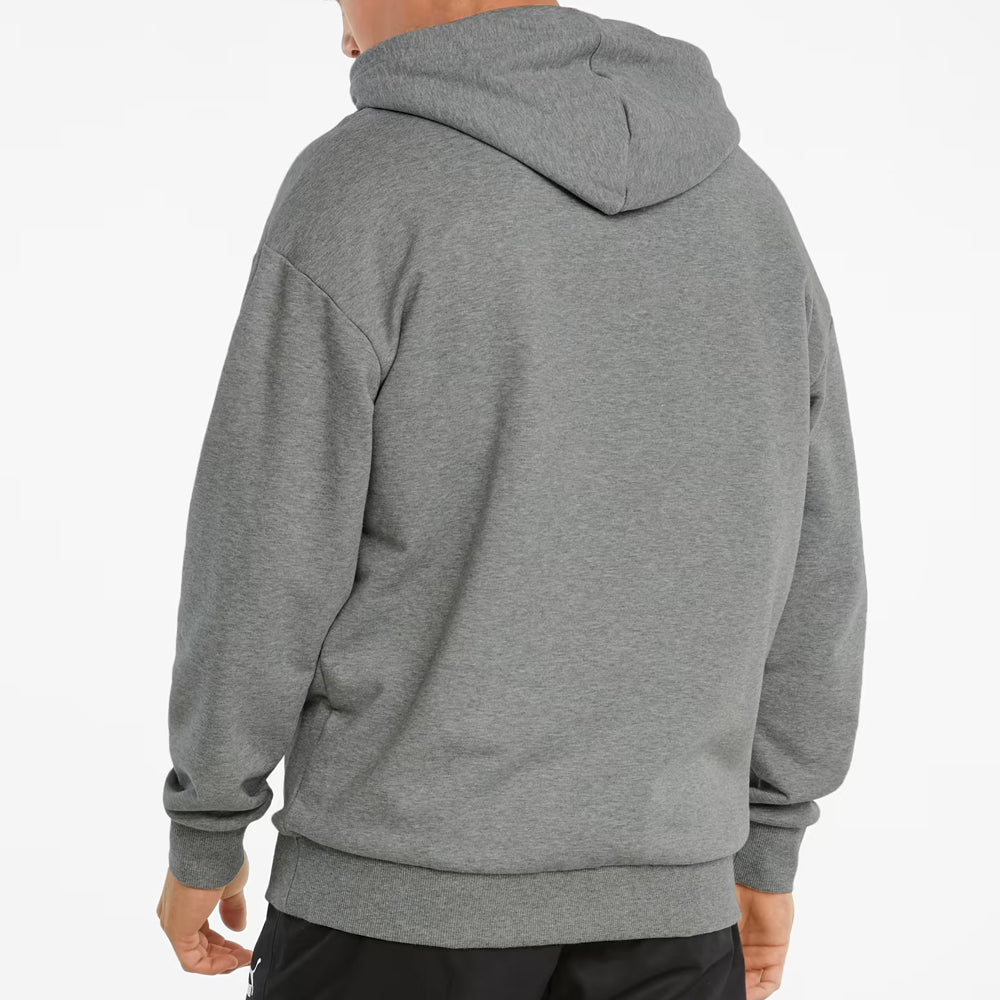 Gray hoodie worn by a person on a white background