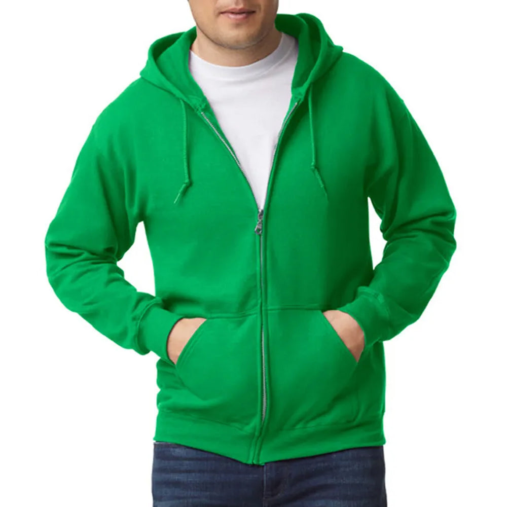 Green hoodie worn by a person on a white background