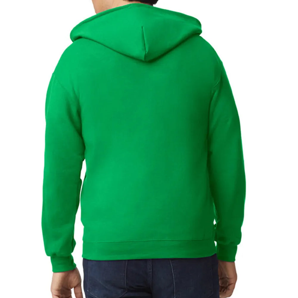 Green hoodie worn by a person on a white background