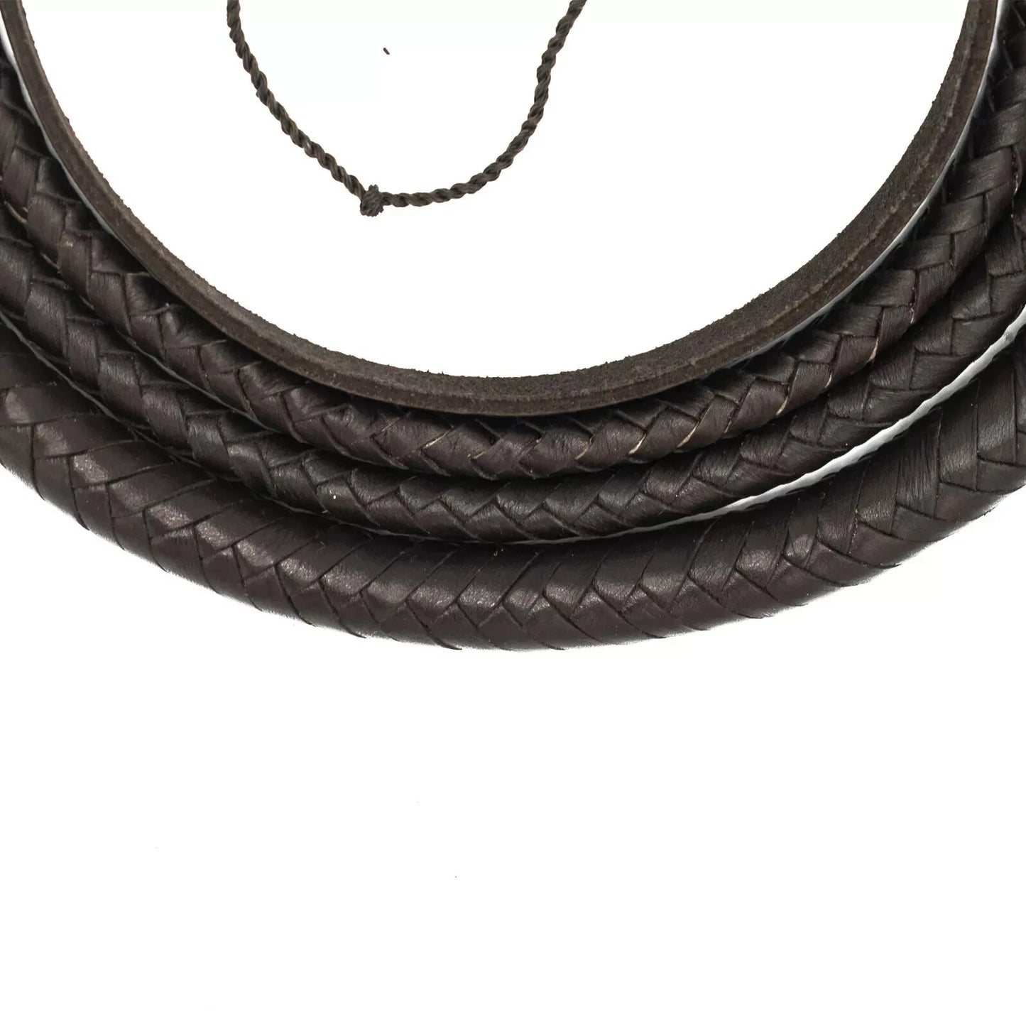 Braided brown leather cord on a white background