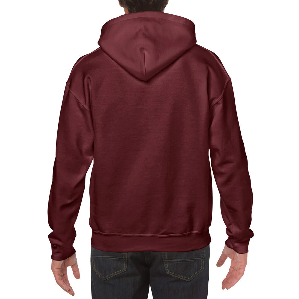Maroon hoodie worn by a person on a white background