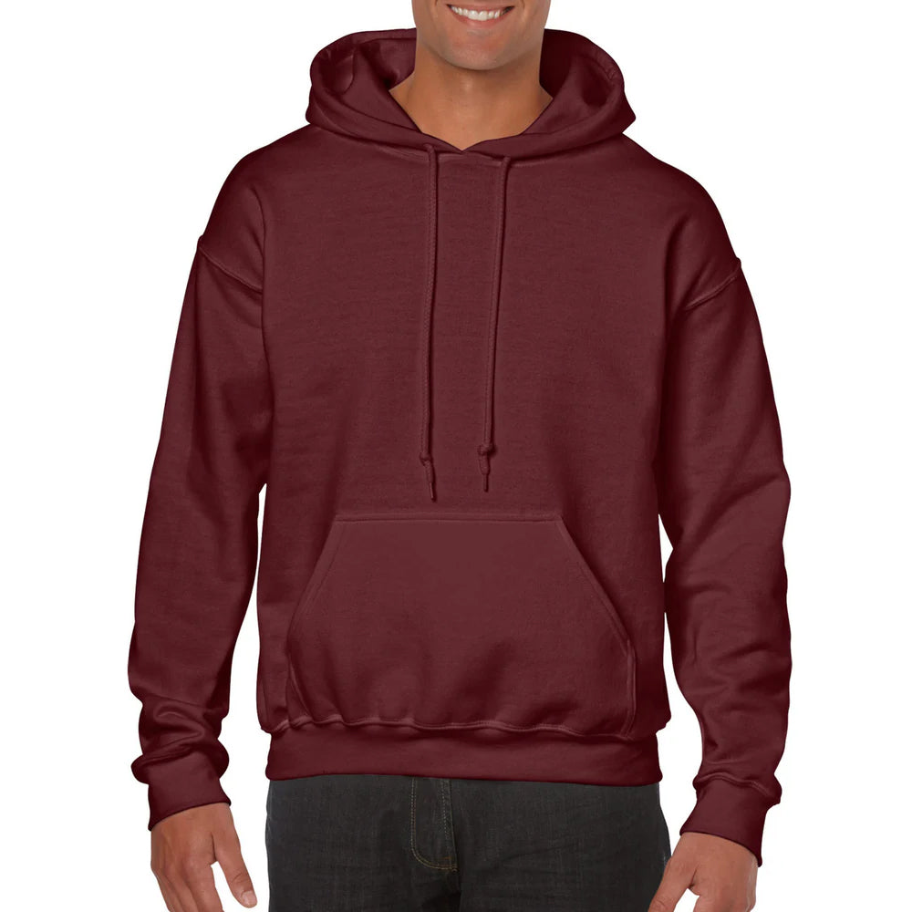 Maroon hoodie worn by a person on a white background