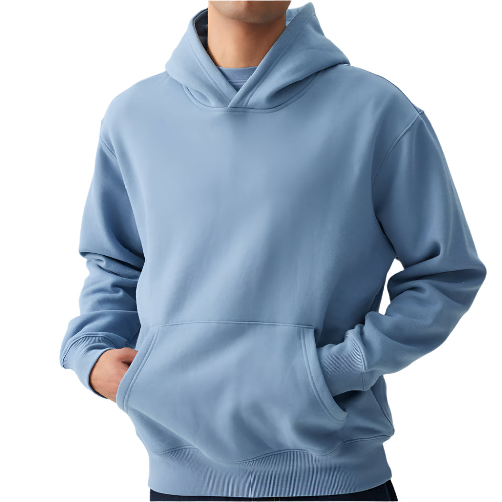 Light blue hoodie worn by a person on a white background