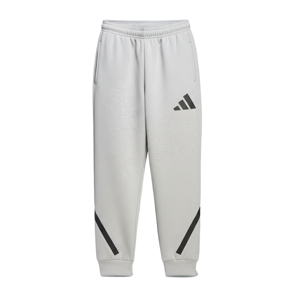 Gray sweatpants with black stripes and logo on a white background