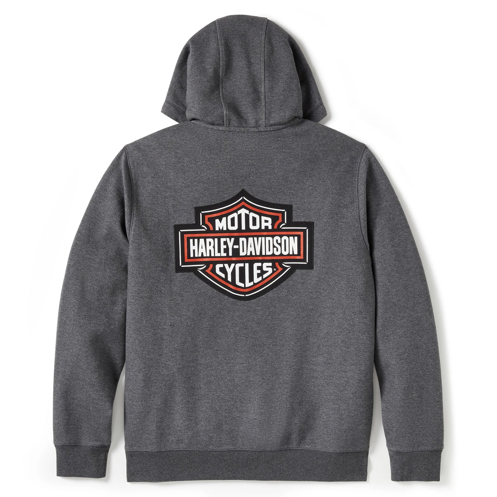 Gray hoodie with Harley-Davidson logo on the back against a white background