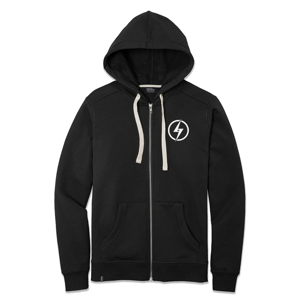 Black hoodie with a white logo on a white background