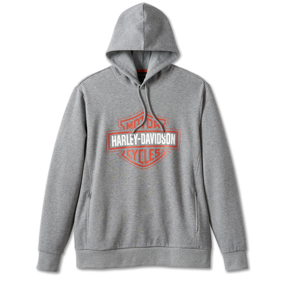 Gray hoodie with red and white 'Harley-Davidson' logo on a white background