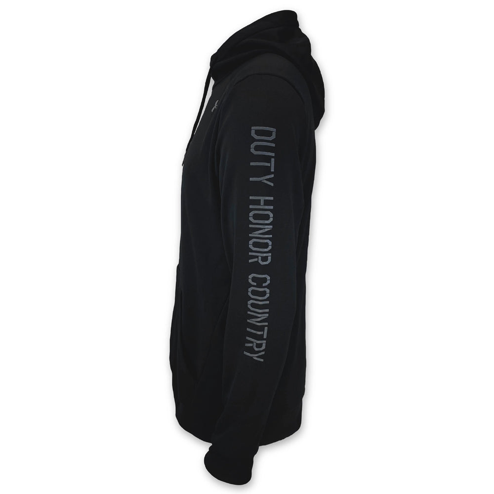 Black hoodie with 'Duty Honor Country' text on a white background