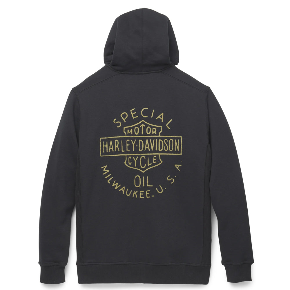 Black hoodie with gold text on the back on a white background