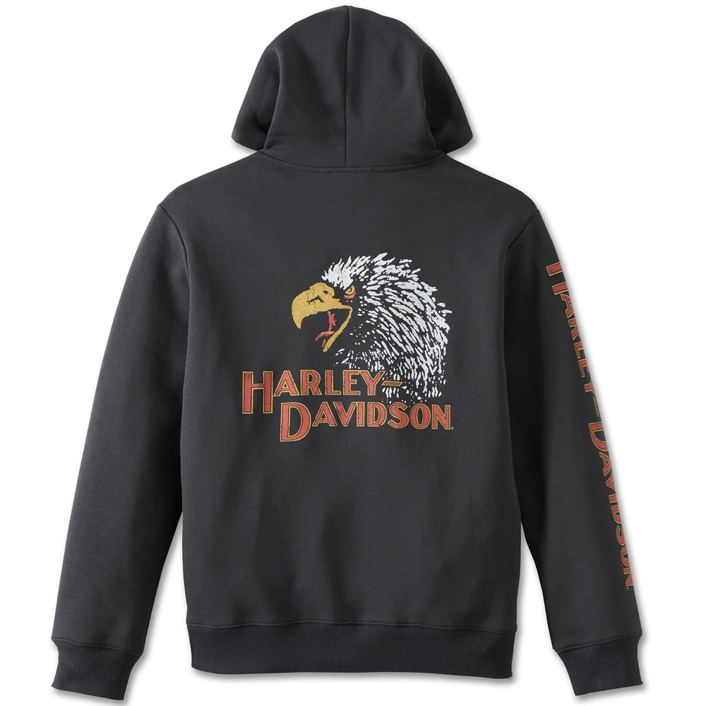 Black Harley Davidson hoodie with eagle graphic on a white background