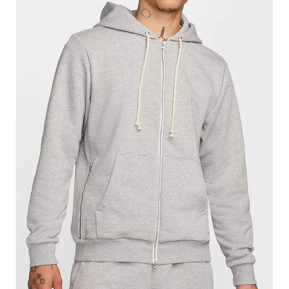 Gray hoodie with a white zipper on a plain background