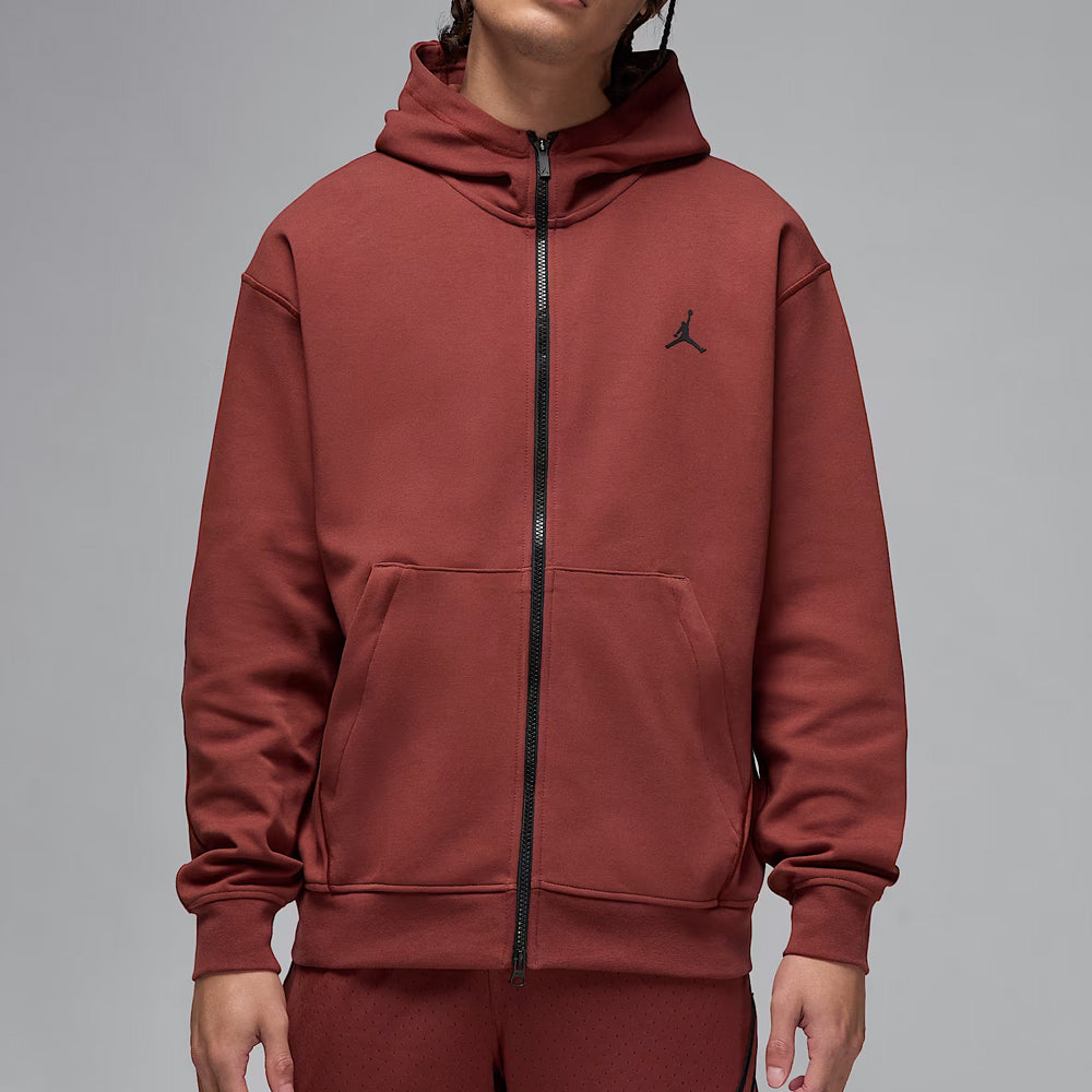 Red hoodie with a brand logo on a gray background
