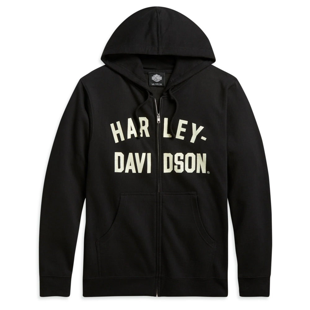 Black hoodie with 'Harley Davidson' text on a white background