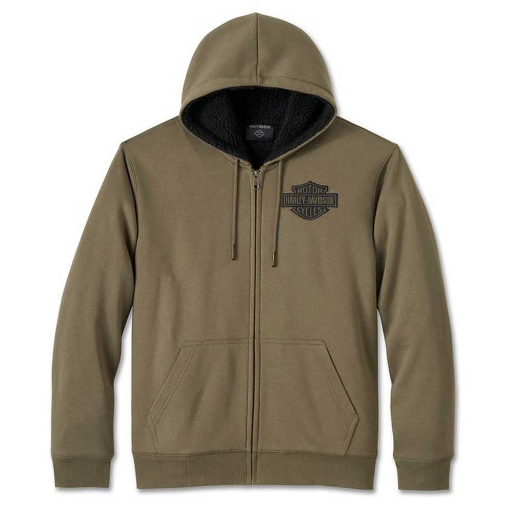 Khaki hoodie with a brand logo on a white background