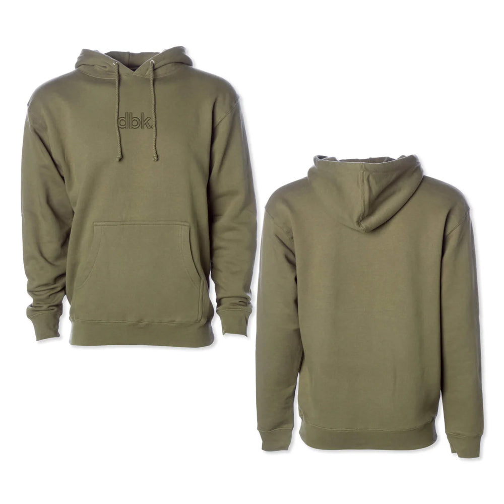 Olive green hoodie shown from front and back on a white background